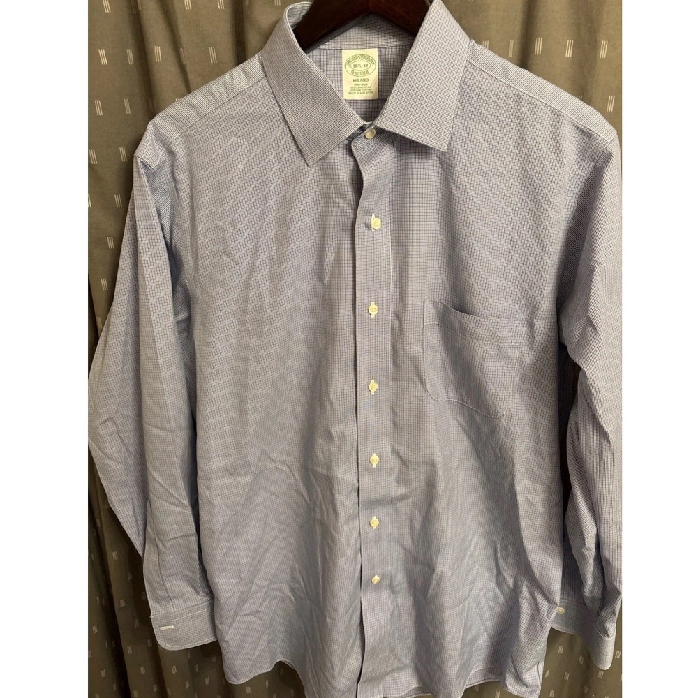 Brooks Brothers Milano Shirt Mens 16.5/33 Blue Micro Check No Iron Supima Cotton